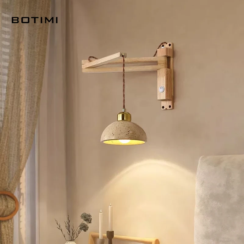 BOTIMI Modern Foldable Arm Stone Lampshade Solid Wood Wall Lamp For Bedroom Nordic Beside Wooden Wall Sconce LED Bulb For Free