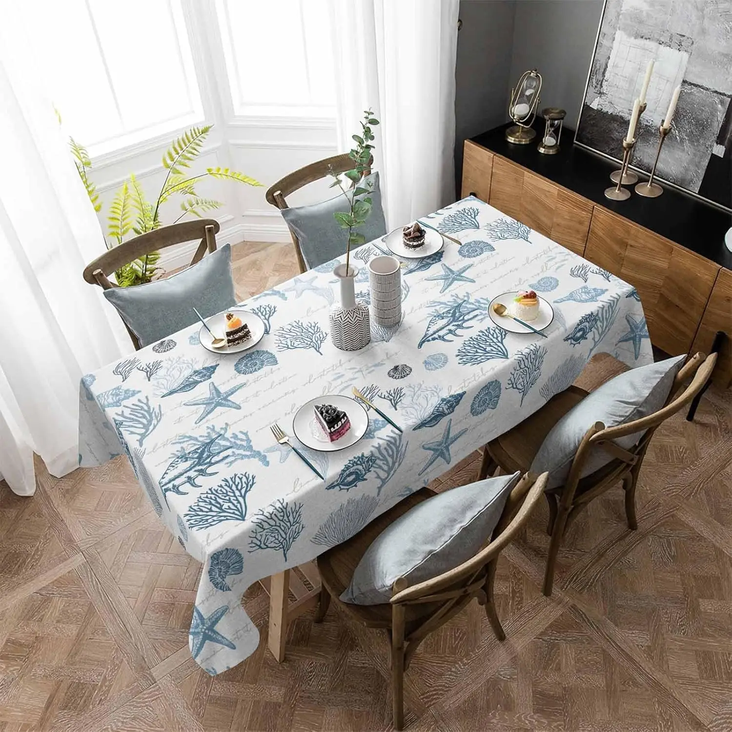 Blue Coastal Starfish Coral Tablecloth Holiday Party Decor Summer Ocean Shell Rectangle Table Cloths Kitchen Dining Table Decor