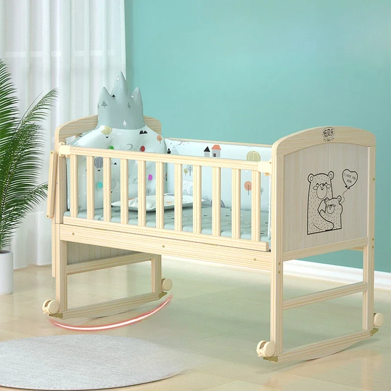 

Solid Wood Unpainted Baby Bed Thick Newborn Couch Environmentally Friendly Spliced Large Mattress Independent Baby Sleeping