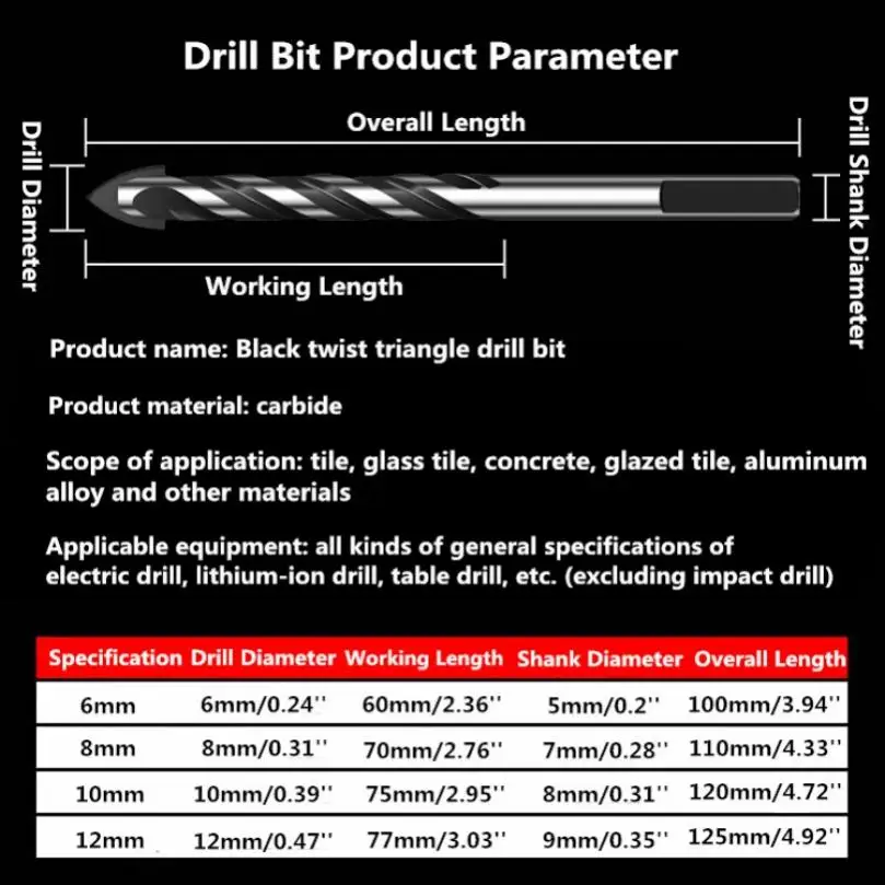 5pcs/set Multifunctional Tungsten Carbide Triangle Twist Drill Bits for Glass Brick Plastic Cement Wood Tile Concrete Masonry