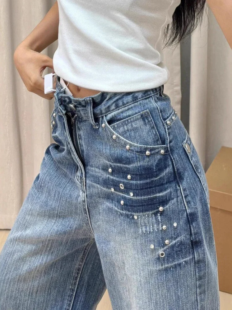 

Large Size American Style Washed Brick Embedded Bamboo Joint Denim Shorts Women Summer New Loose Wide Leg Medium Pants