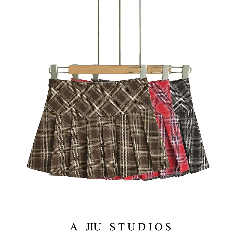 

Retro Plaid A-Line Skirt Women's Spring Autumn JK Anti-Light Slimming High Waist ort Skirt Street Sle Pleated Skirt