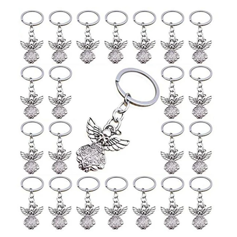 New-120Pcs Silver Color Guardian Angel Key Ring Zinc Alloy Pendant Wedding Birthday Party Baby Shower Baptism Communion