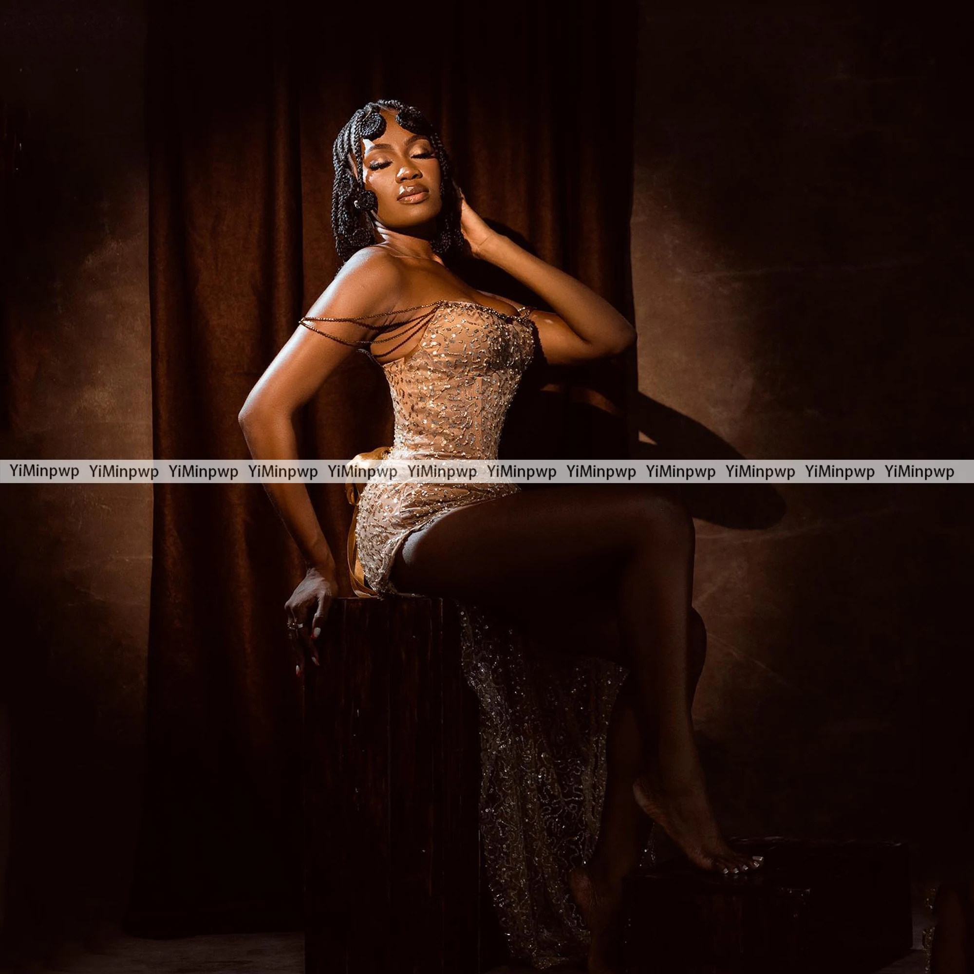 

Strapless Cocktail Dress High Split Beaded Crystals Long Aso Ebi Formal Celebrity Party Gowns Champagne Mermaid Party Dresses