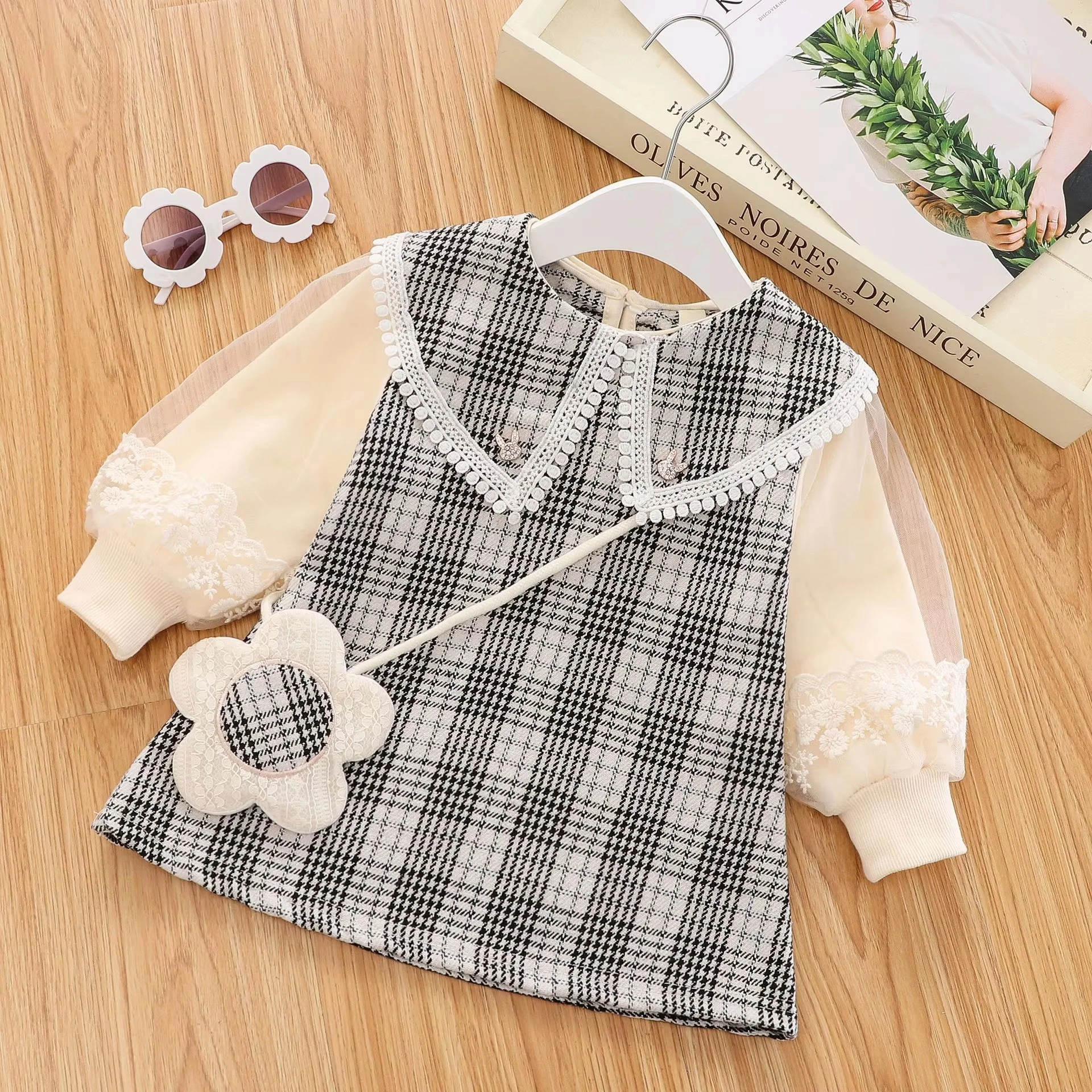 Mädchen Kleid Frühling Und Herbst Plaid Lange Ärmeln Baby Mädchen Kleid Nette Revers Mädchen Prinzessin Kleid Mit Tasche Baby mädchen Kleidung