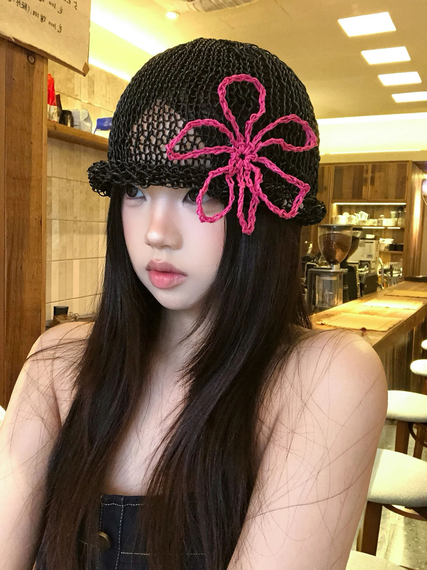 Hand Knitted Flower Hollow out Summer Thin Breathable Women's T-Shirt Style Hat Face Slimming Fashionable Overhead Cap