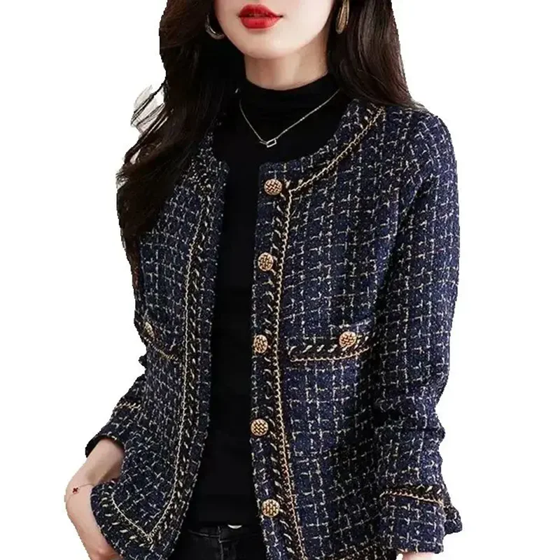 

New Women Spring Autumn New O-Neck Woolen Cardigan Fashion Casual Plaid Tops Single Breasted Long Sleeve Coat Female Outerwear