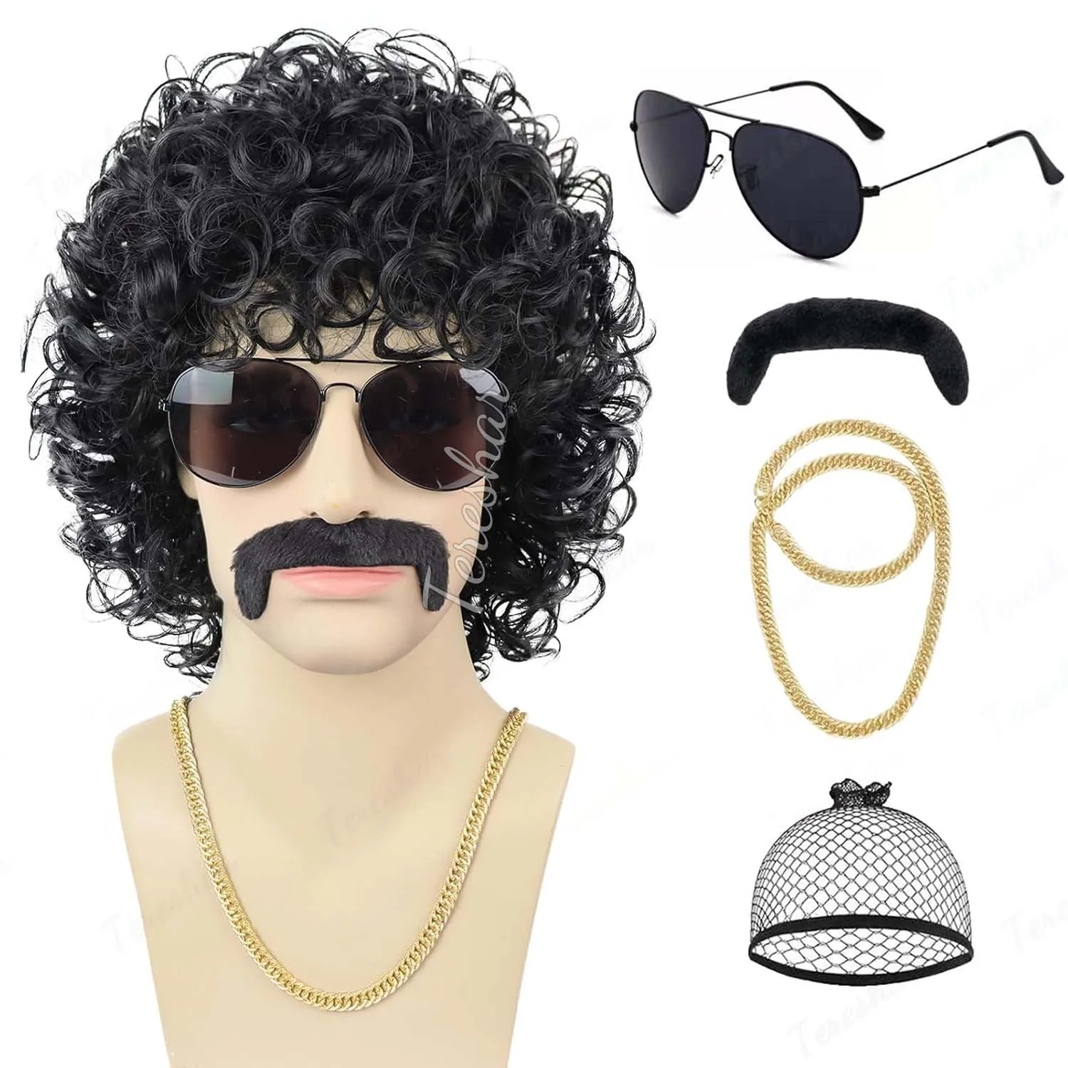 

Synthetic Mens Black|Brown Curly Wig+Glasses+Gold Chain+Mustache 70s 80s Short Mullet Rocker Wigs for Disco Party Cosplay Wear