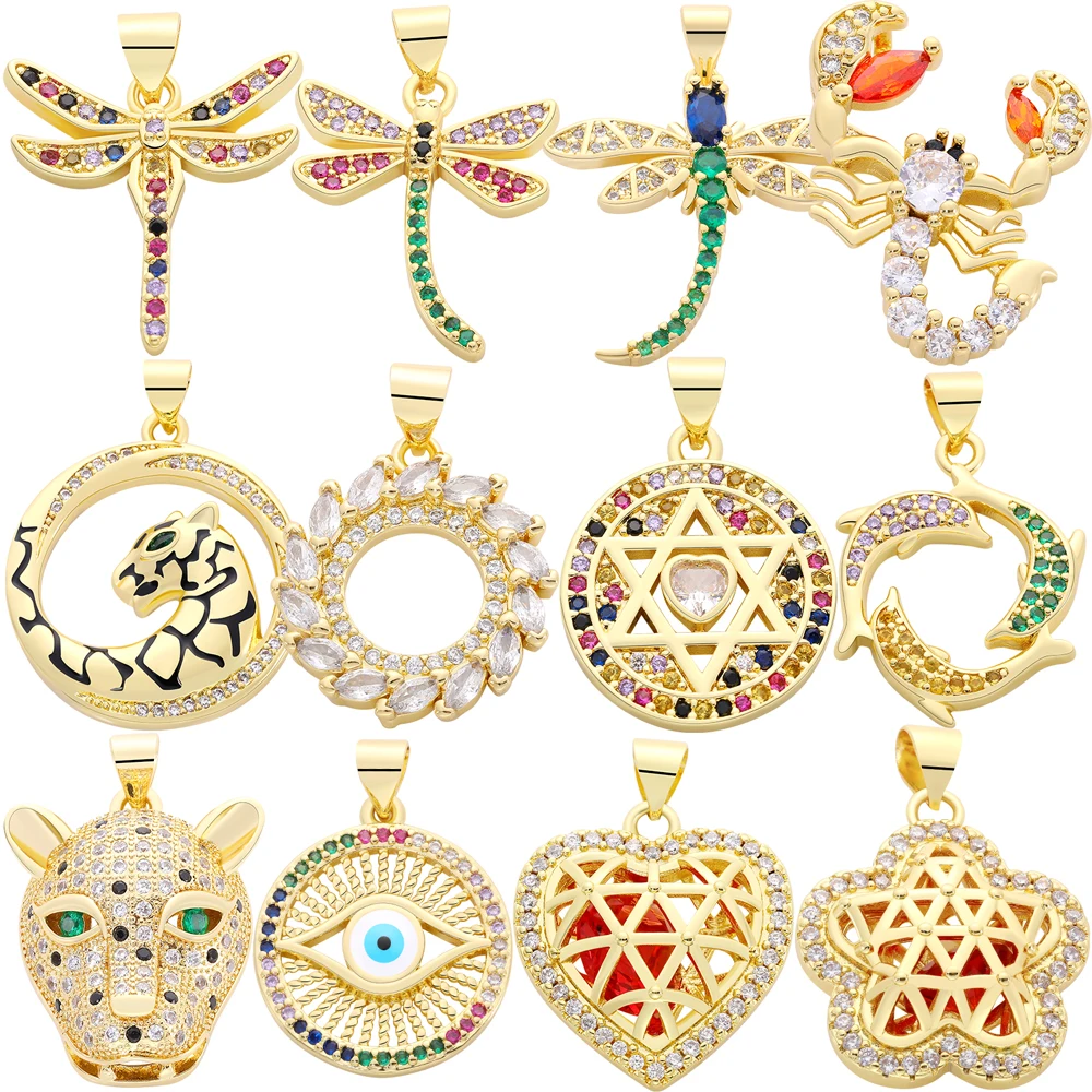 Juya 18K Real Gold Plated Star Of David Dragonfly Leopard Head Scorpion Dolphin Love Heart Flower Greek Evil Eye Charms Supplies