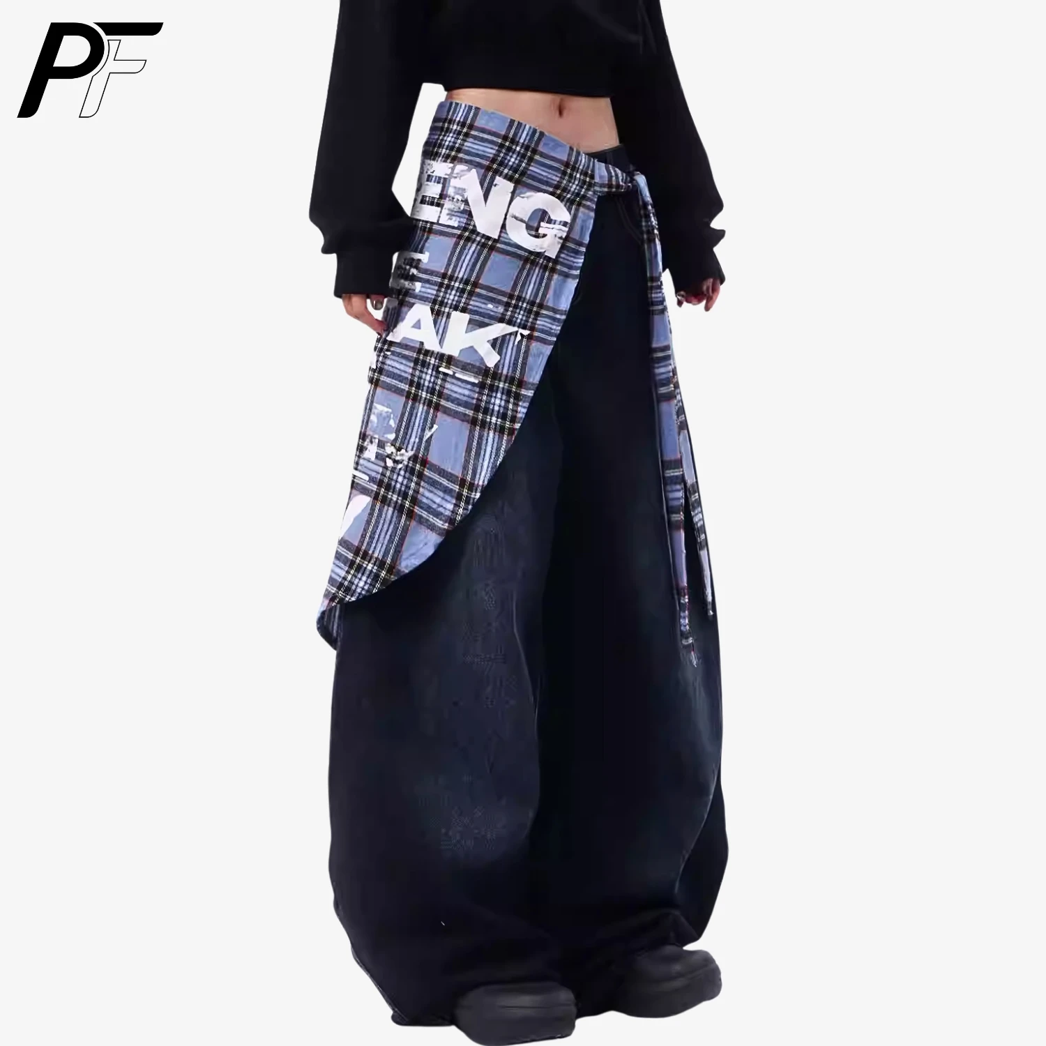 

Джинсы Y2K с широкими штанинами, имитирующие фартук, в клетку, с буквенным принтом, винтажные, в стиле хип-хоп, с высокой талией, модные, повседневные, унисекс, с карманами