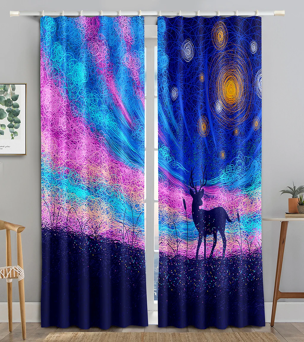 

Aurora Elk Dreamy Forest Sky Animal Blackout Window Curtain for Living Room Bedroom Bathroom Kicthen Door Cupboard Decor Hooks