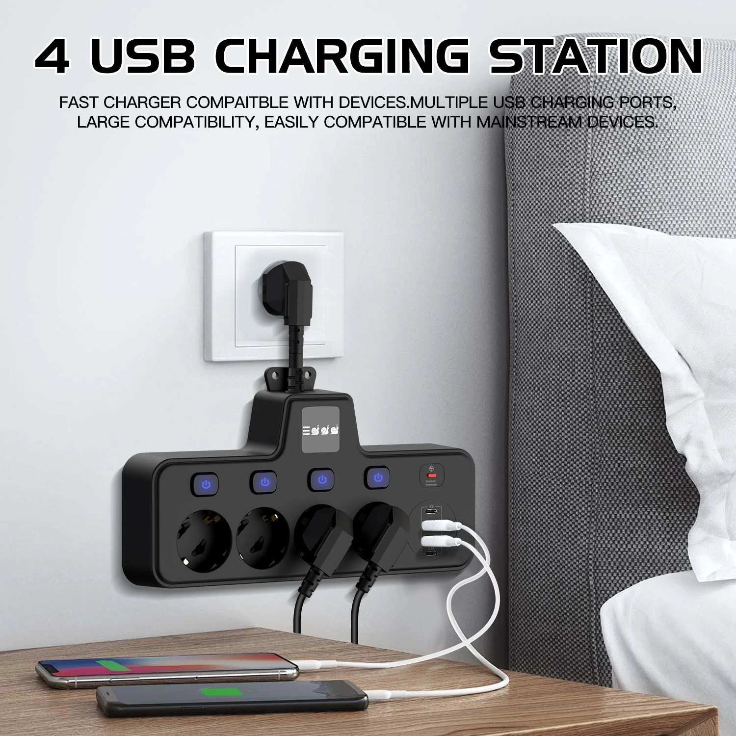 EU Plug Power Strip socket with USB C interface, independent switch control for conversion socket 2C2U with overload protection