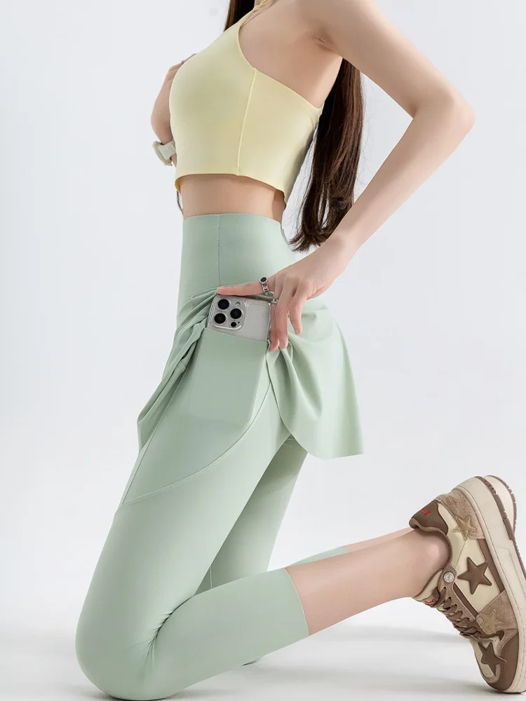 Calças de Yoga de Cintura Alta com Efeito de Duas Peças para Mulheres, Saia para Uso ao Ar Livre na Primavera e Outono, Calça...
