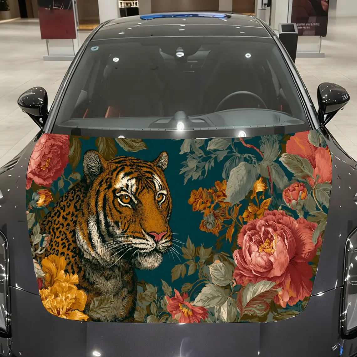 

Car Decal Tiger with Floral Teal Artistic Background & Ferocious-Elegant Aesthetic Car Hood Sticker, Waterproof Self - Adhesive