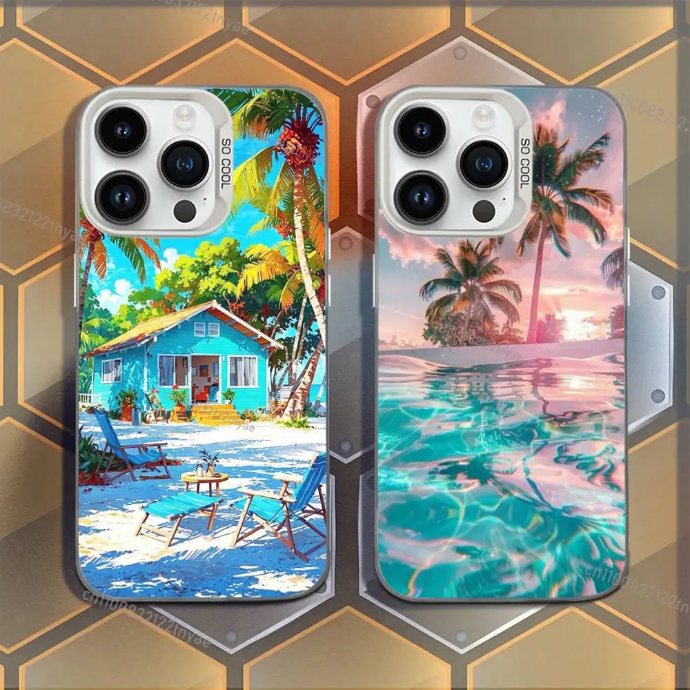 

Sea Tropical Palm Trees Beach Phone Case For iPhone 17,16,15,14,13,12,11,Mini,Pro,E,MAX White Candy Matte Shockproof Cover