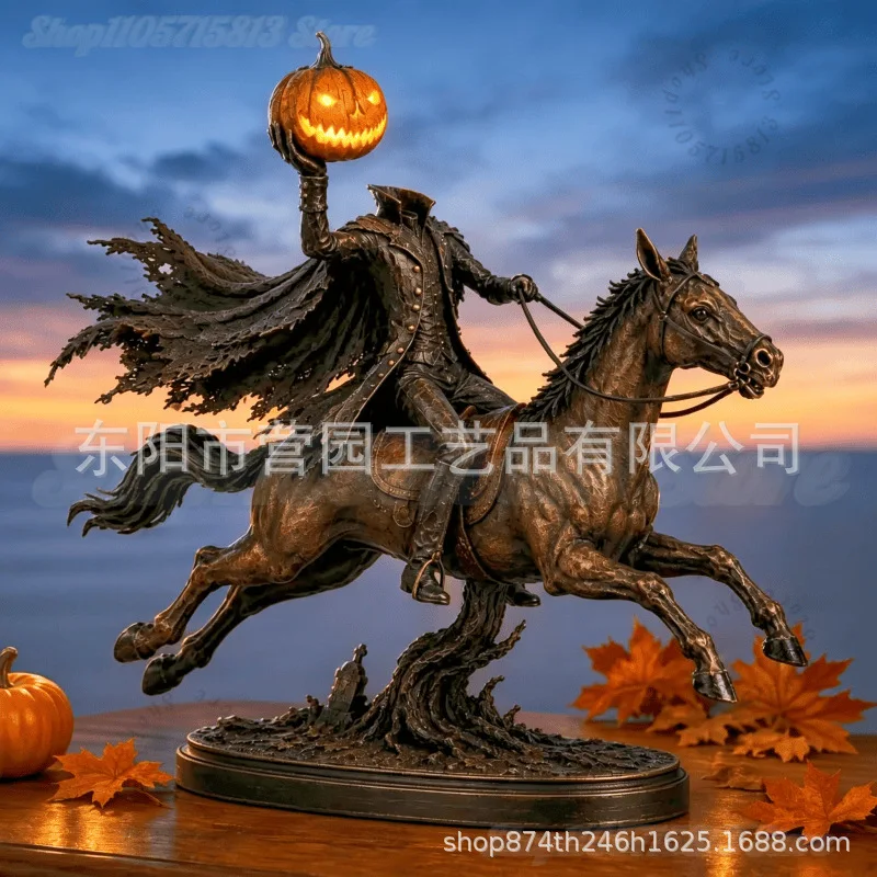 Lighted Headless Horseman Statue, Pumpkin Horse Halloween Decor  | Spooky Gothic Fantasy Figurine for Halloween Home Decor view 4