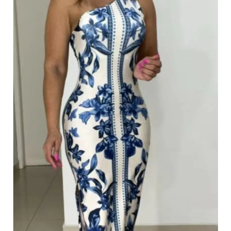 Letnia sukienka bodycon z kwiatowym nadrukiem na jedno ramię, bez rękawów, seksowna sukienka midi z rozcięciem