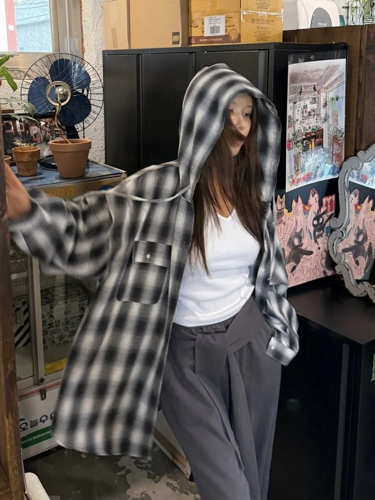 

Loose Plaid Shirt Women's Lazy Style Long Sleeve Casual Coat Korean Style Mid-Length Sun Protection Outerwear
