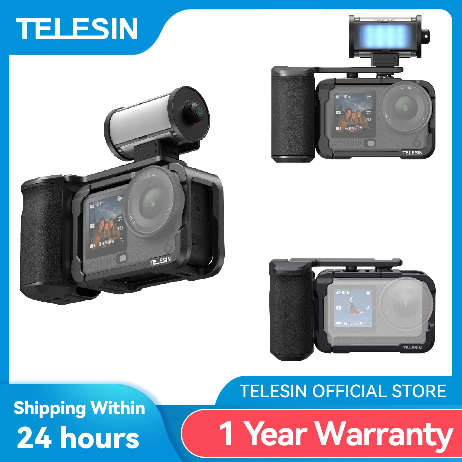 TELESIN – Kit de télécommande d'aide à la poignée, ensemble en alliage d'aluminium pour Cage de lapin DJI OSMO Action6, étui de protection à dégagement rapide