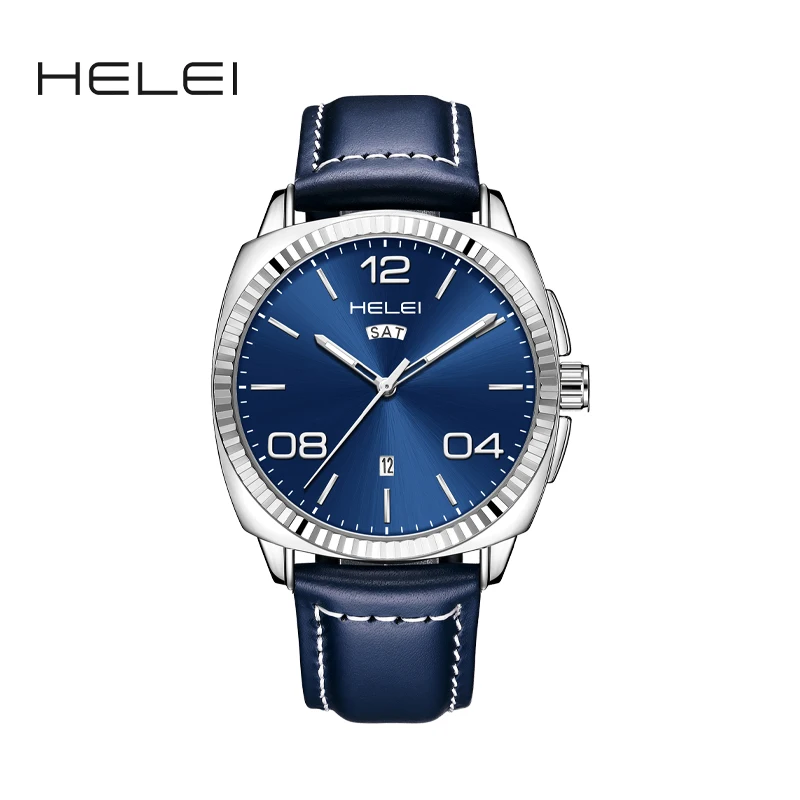 HELEI Fashion new sports casual quartz watch date genuine leather strap men's wristwatch