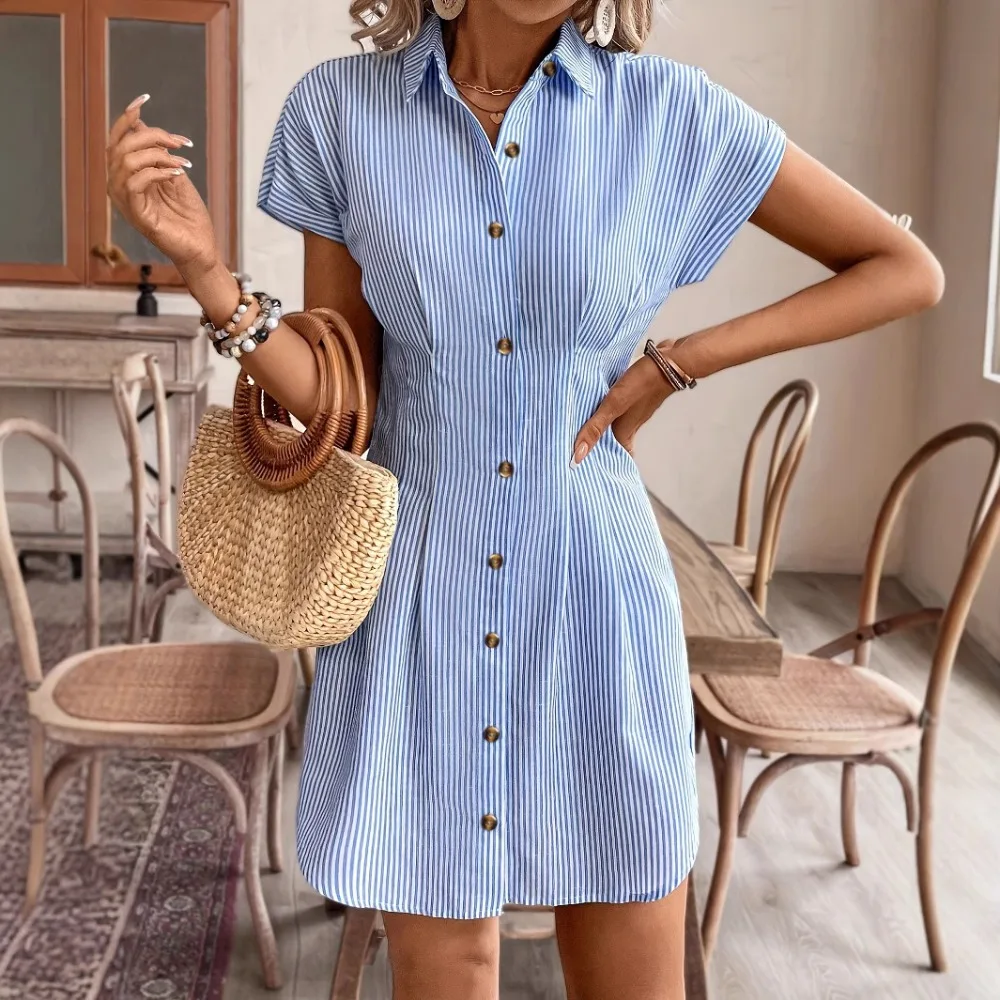 Women's Blue Stripe Shirt Dress Hot Sale European Foreign Trade Summer Short Sleeve Open Front Casual Dress