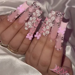24Pcs Coffin Handmade Press On Nails Full Cover Bowknot Heart French Ballerina Fake Nails Wearable Manicure Nail Tips Sweet Girl