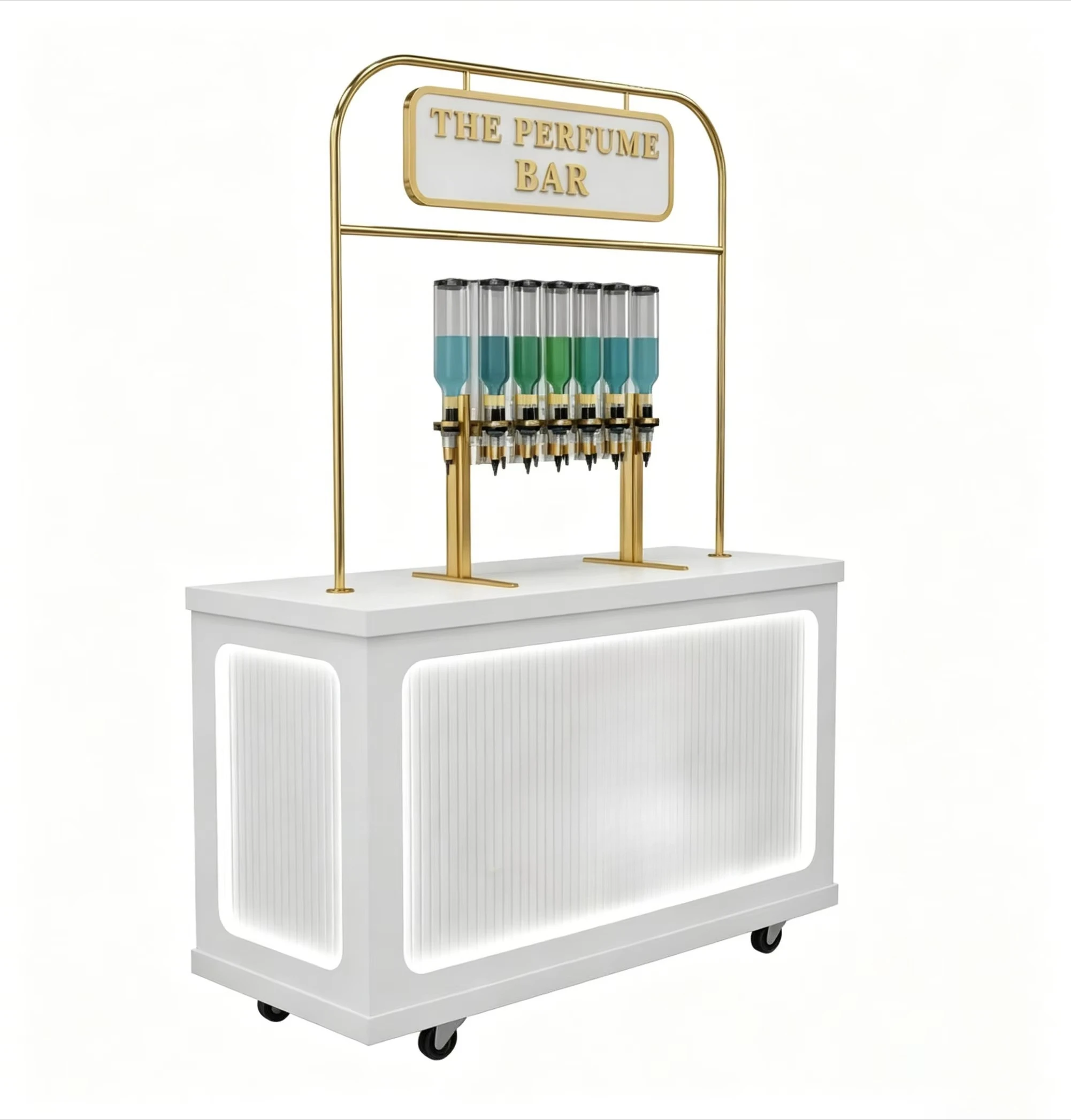 Mobile perfume bar display counter, with dispenser bottle rack, shopping mall bulk perfume filling booth, with wheels