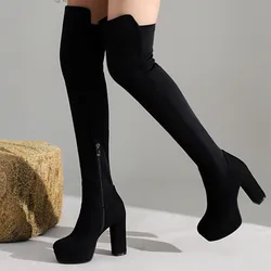 Slim Suede Thigh High Boots Women Platform Thick High Heels Over the Knee Boots Female New Autumn Winter Stretch Shoes Ladies