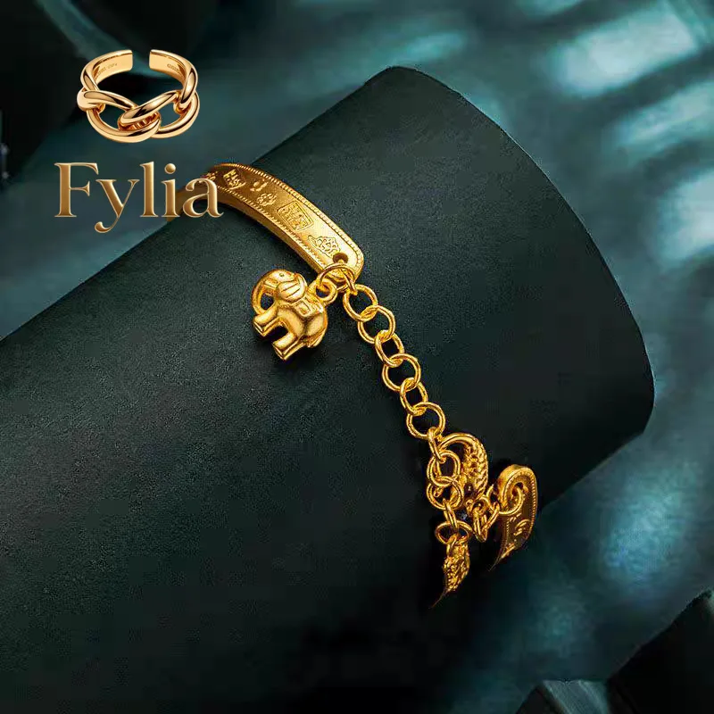 Fylia Jewelry   Elephant Auspicious Open Bangle Women's 24K Gold AU999 - Lucky elephant, engraved words, adjustable open design