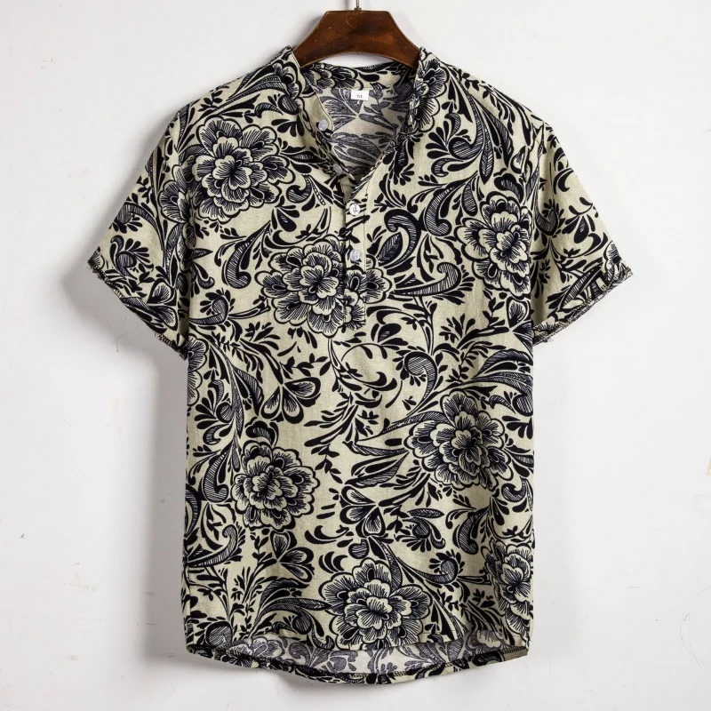 SZYL-Men's Summer New Men's plus Size Floral Short-Sleeved Shirt Fashionable Micro-Elastic plus Size Shirt3XL