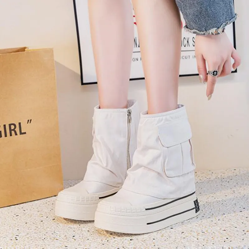 New Fashion Women All Season Canvas Boots Zipper Side Inner Height Increase 12cm Ultra High Heel Pocket Ankle Boots Black White