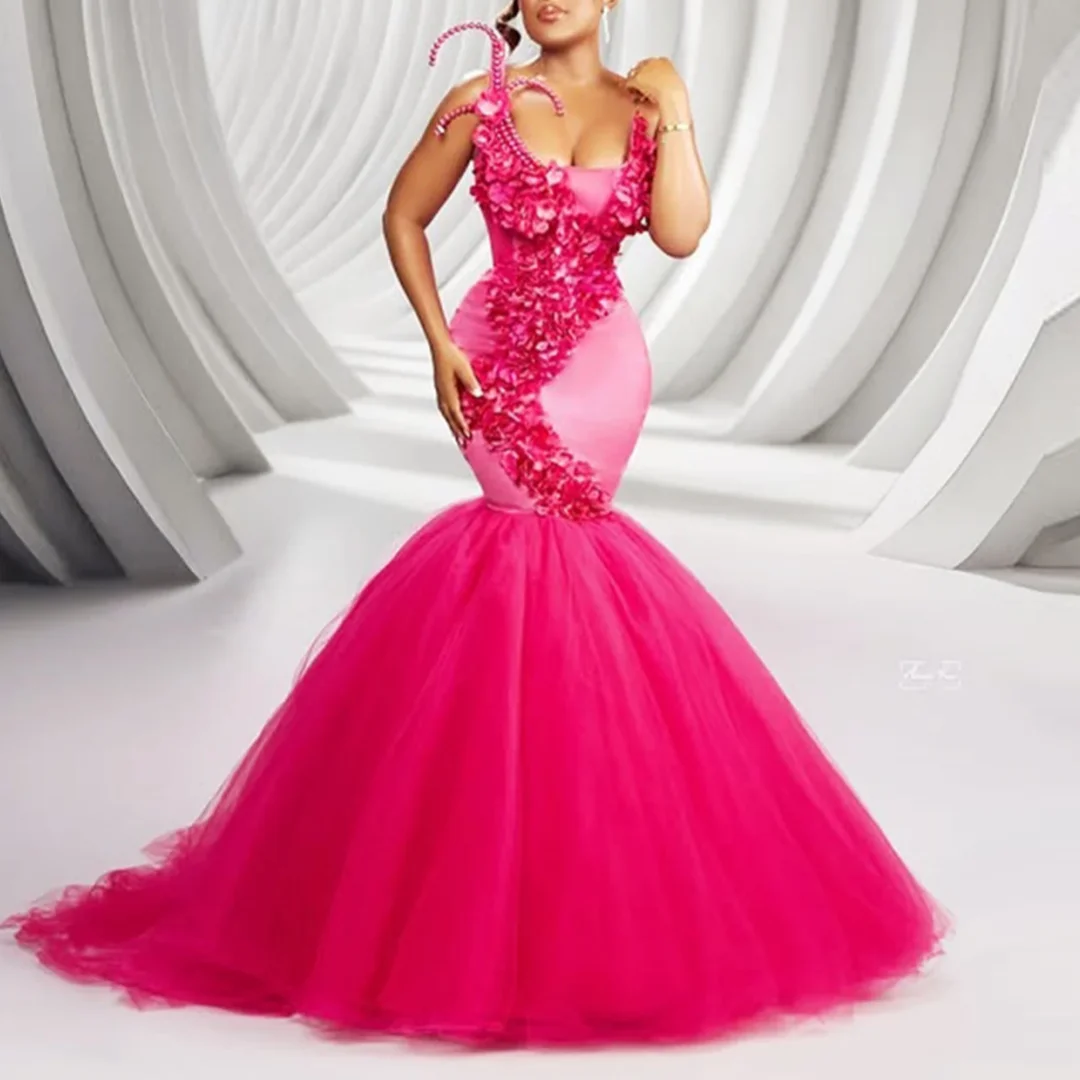 

Pearls Beaded 3d Appliques Evening Gowns Tulle Sweep Train Wedding Party Dress Gorgeous Pink Mermaid Prom Dresses Customized