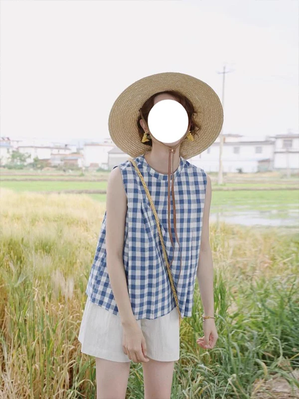 

Blue And White Plaid Vest Shirt Women's Loose Fit Summer Style Retro round Neck Sleeveless Top Casual Slimming Effect