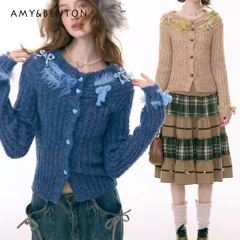 

2025 Autumn Winter New Striped Tassel Bow Women's Sweater French Design Sweet Temperament Fashion Versatile Cardigan Coat Ladies