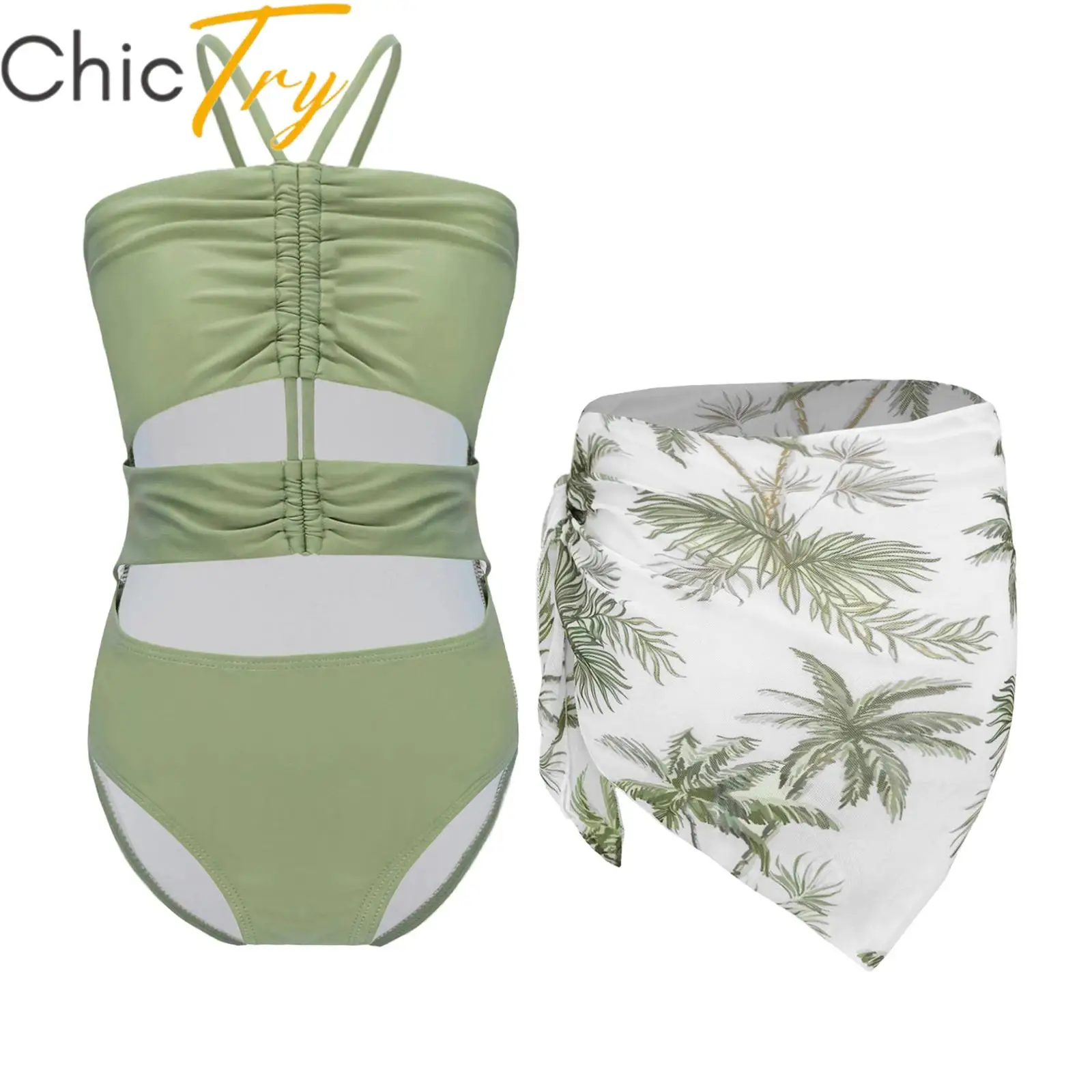 

Kids Girls Swim Set Sleeveless Jumpsuit with Chiffon Cover Up Skirt Beach Outfits Tropical Print Summer Bathing Suit Swimwear