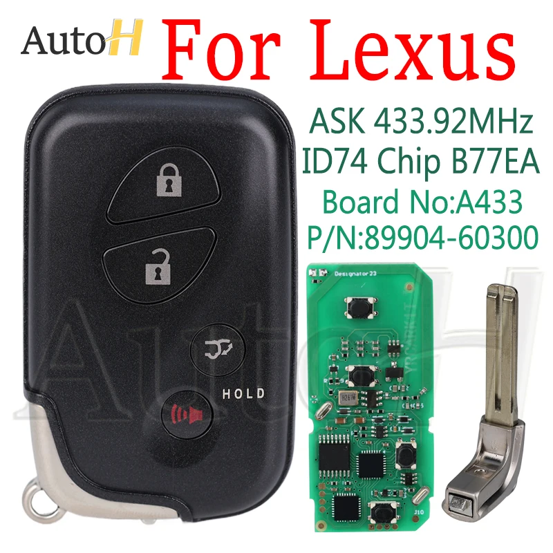 Smart Car Key For Lexus LX570 RX270 RX300 RX350 ASK 433.92MHz ID74 Chip FCCID:B77EA 4 Buttons 2012 Keyless Start Fob Remote Key