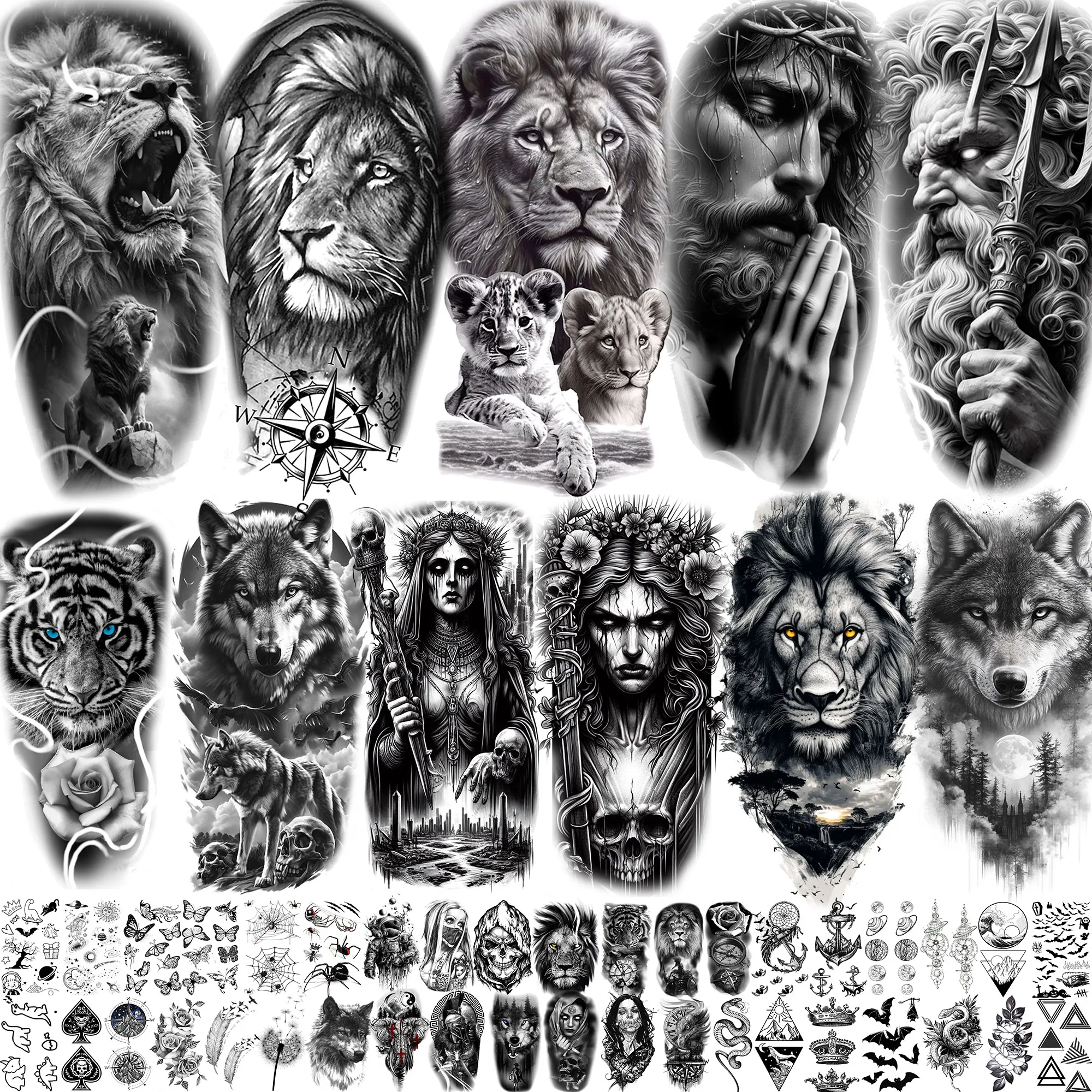 

69 листов племенные временные татуировки с изображением льва и волка для мужчин и женщин, татуировки слой ведьмой, водонепроницаемые реалистичные поддельные татуировки Иисуса Зевса, наклейки