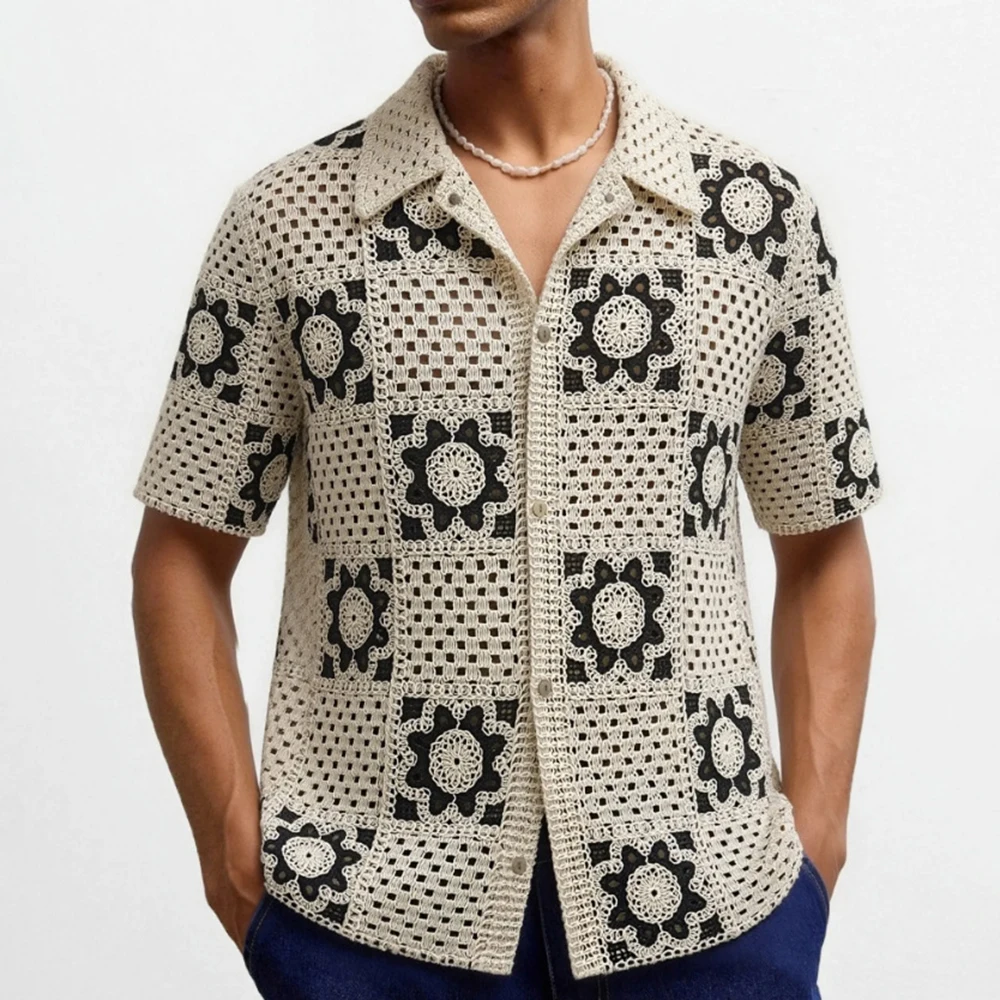 2026 Summer New Men's Hollow-Out Short-Sleeve Shirt American Retro Fashion Trendy Street Casual Loose Fit Niche Men's Top