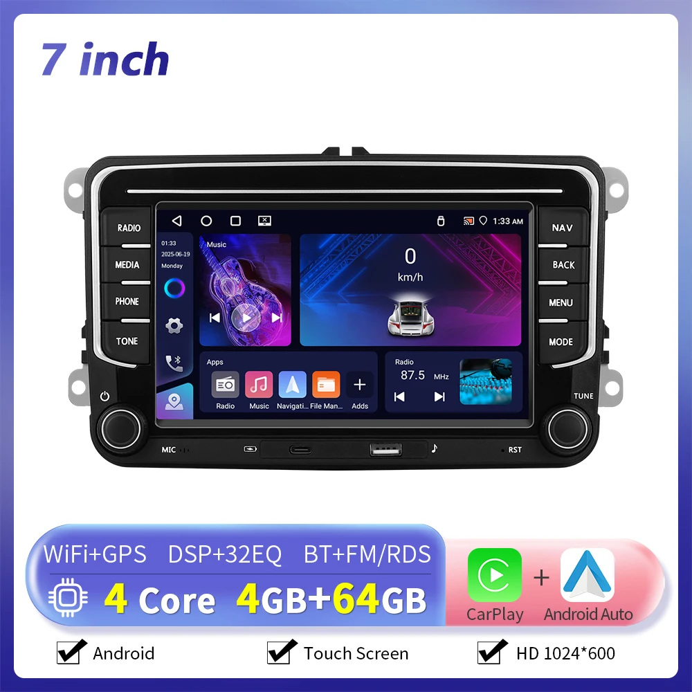 Camecho 7 Inch Draadloze CarPlay Android Auto Radio GPS Multimedia Voor Volkswagen VW Passat B6 B7 CC Tiguan Touran GOLF POLO