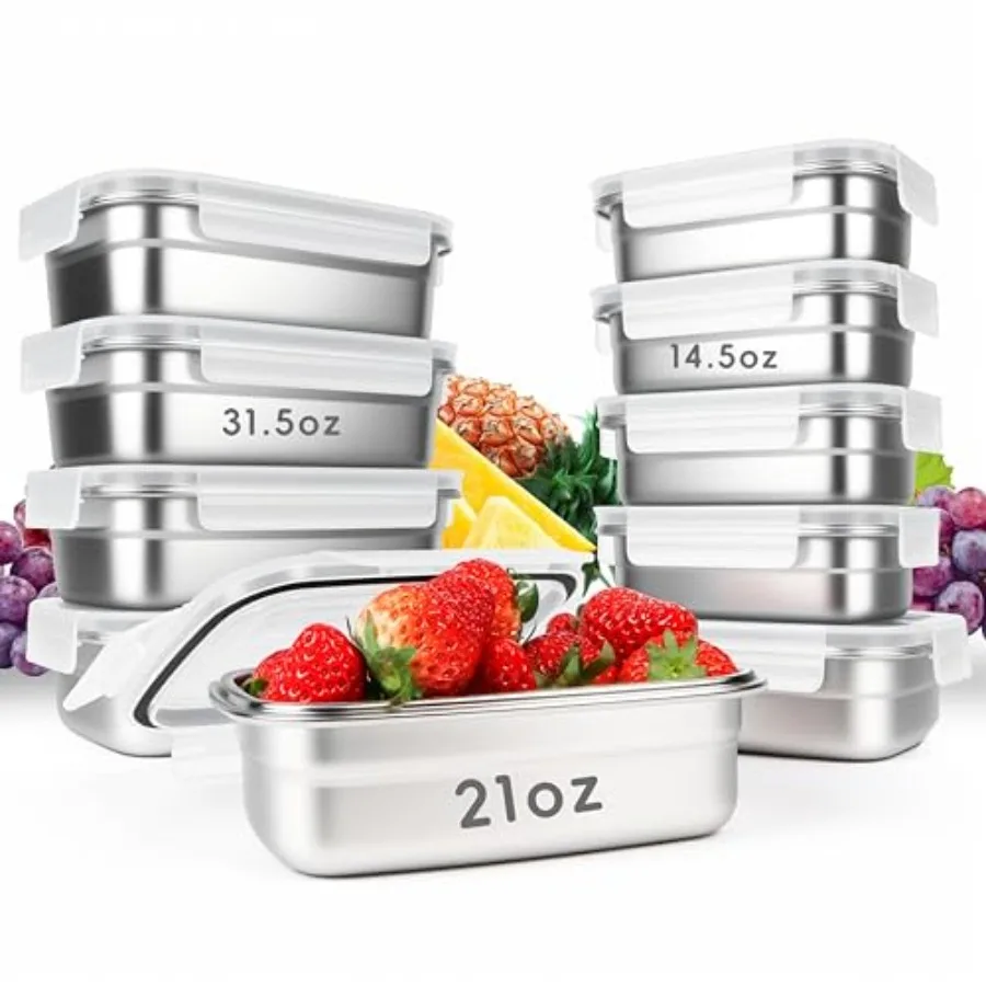 

10PCS 304 Stainless Steel Food Storage Containers with Airtight Leakproof Lids Stackable Bento Lunch Box for Meal Prep Reusable