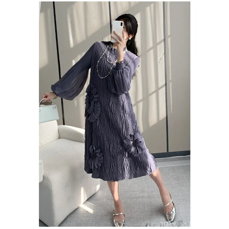 Miyake Heavy Beadwork Embroidery Applique Pleated Dress Temperament Loose Bud Sleeve Plus Size Dress Women