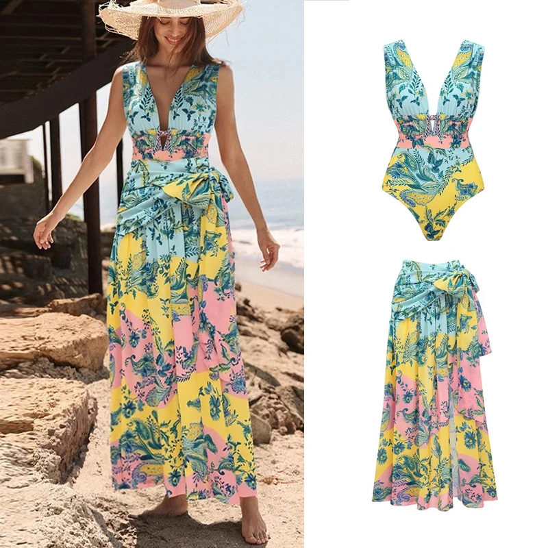 2026 New Women Sexy Hawaiian Lace Up V Neck Ruffle Swimsuit And Sarong Summer Women Swimwear Set Push Up Bathing Suit