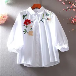 Embroidered Shirt For Women Blouse Artistic Blous Retro Woman Blouse Loose Top Lapel Cardigan Summer Leisure Woman Clothes Shirt