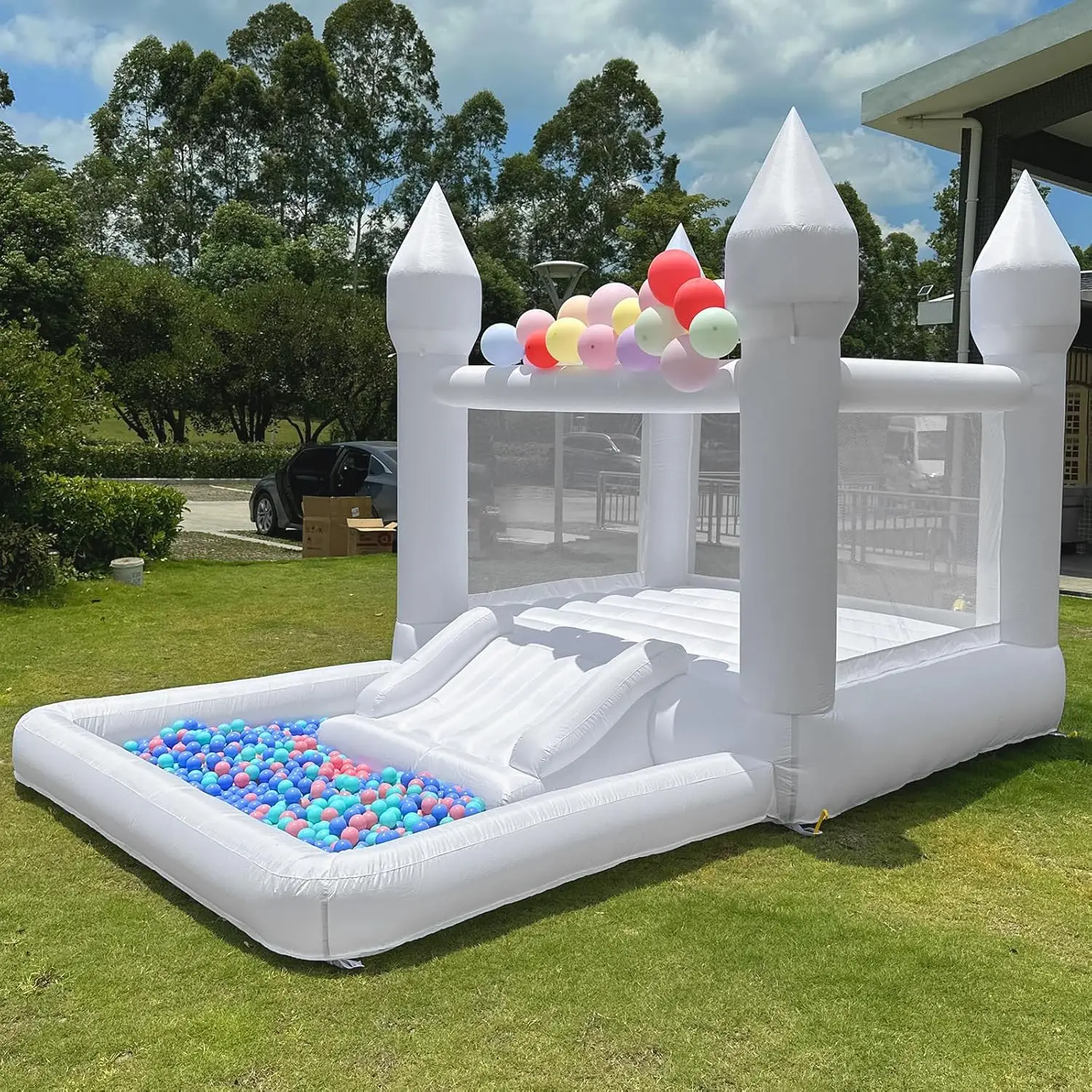 Casa de rebote blanca, castillo hinchable de salto profesional para fiesta de boda con bolsa de transporte, kit de reparación (Premium 840D Oxfor