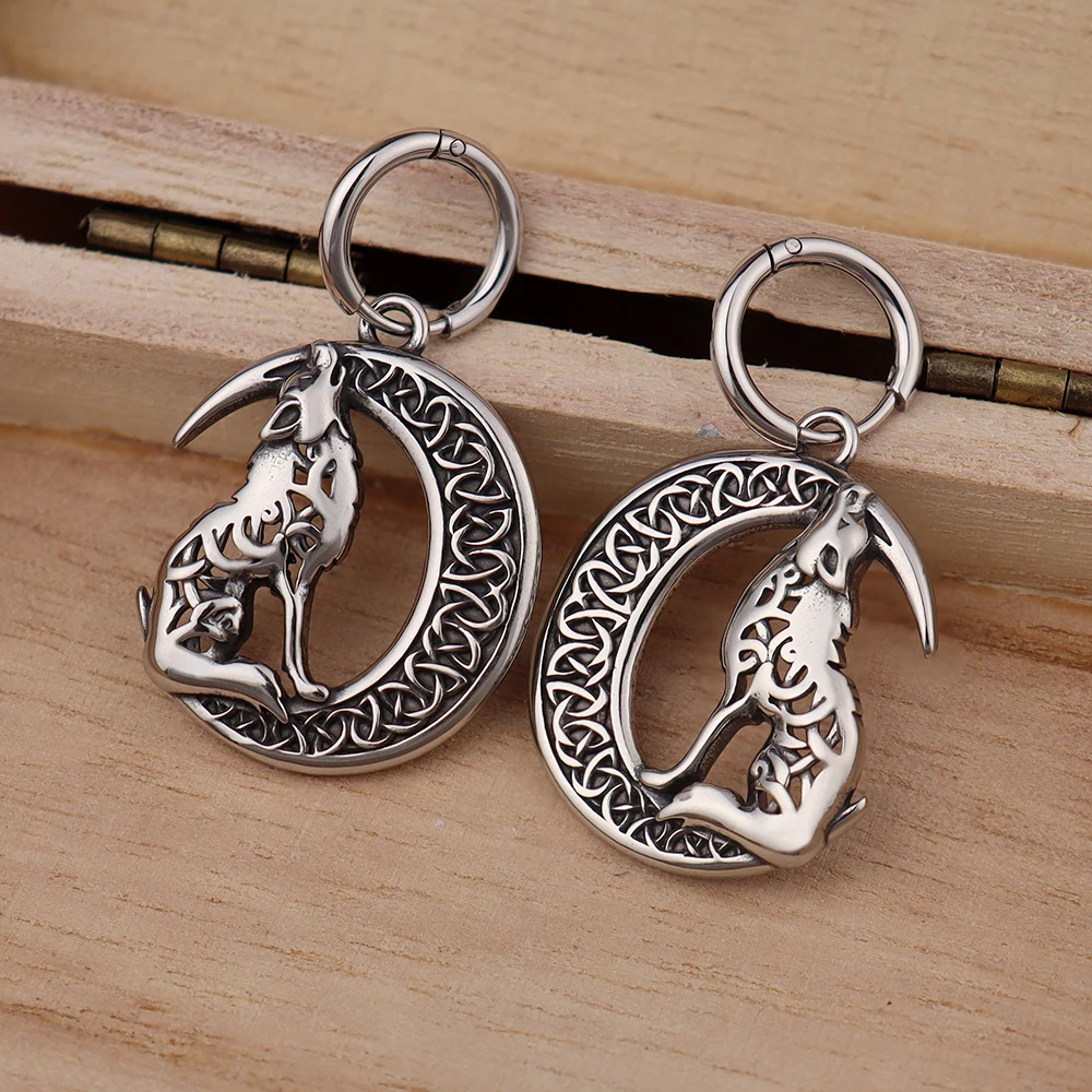 

Fashion Simple Viking Wolf Moon Dangle Earrings for Women Stainless Steel Punk Hip Hop Charm Drop Earrings Vintage Ear Jewelry