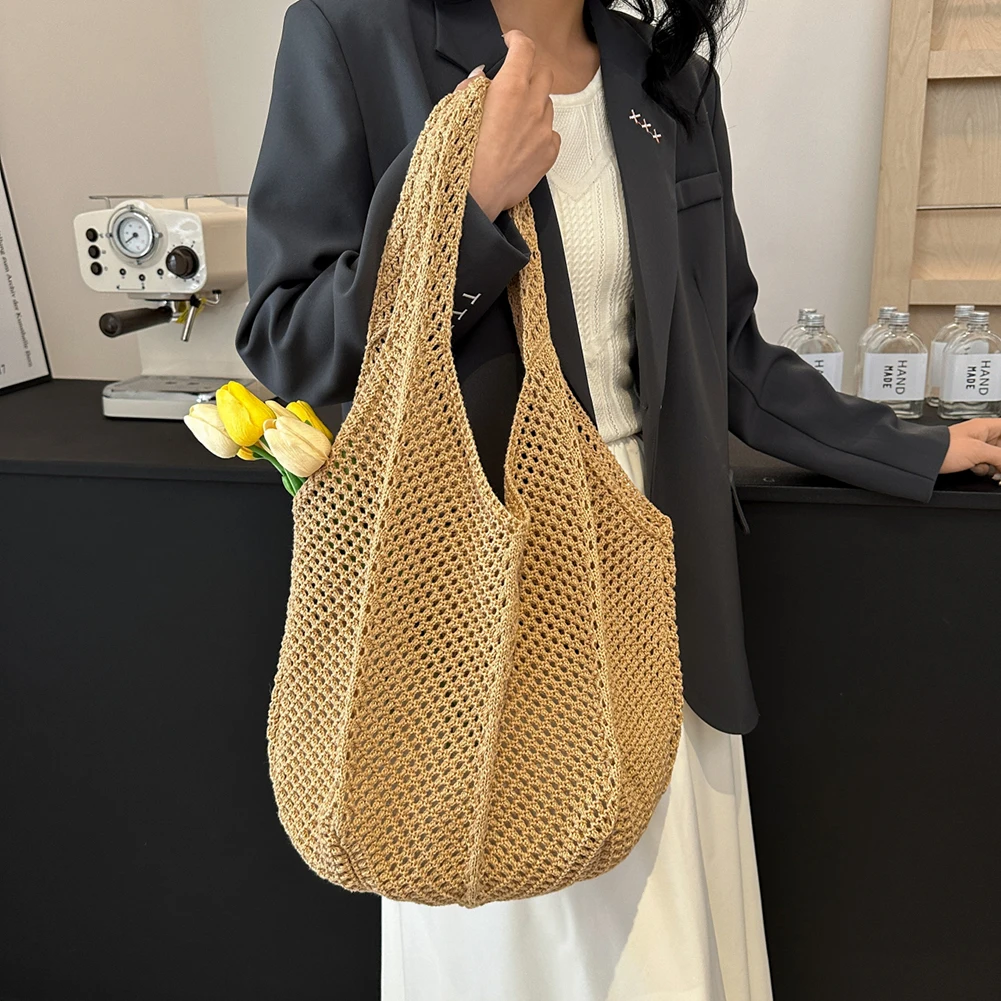 

Women Crochet Tote Bag Fashion Knitted Bag Woven Shoulder Bag Hollow Out Tote Bag Simple Shopping Bag for Summer Mesh Beach Bag