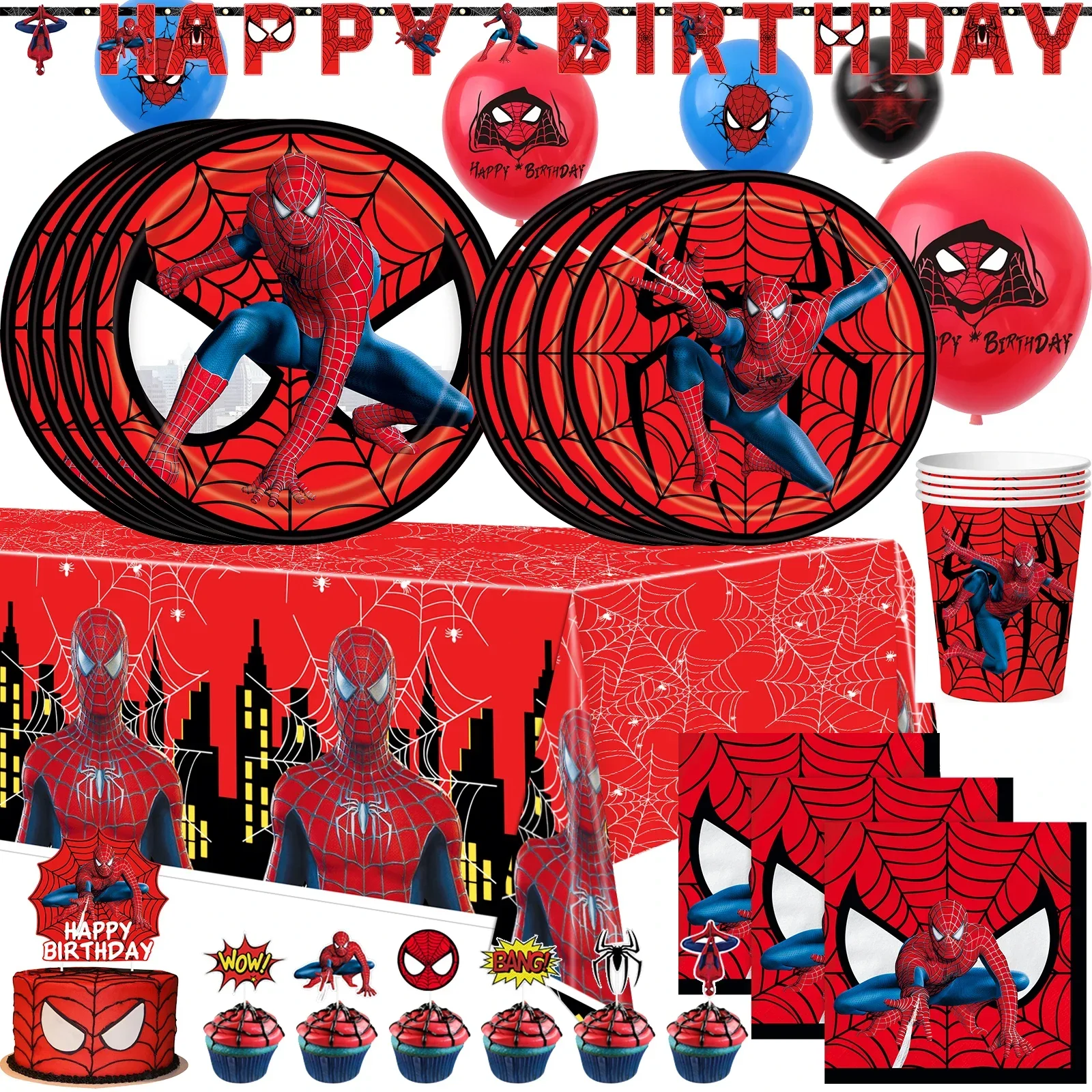 

Spiderman Party Supplies Include Paper Cups Plates Balloons Tablecloth Cake Toppers for Kids Birthday Party Decor Baby Shower