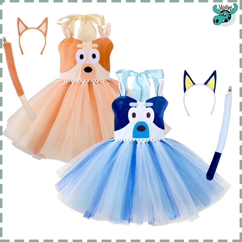 Moose 80-150cm Anime Bluey Mesh Princess Dress Cute Girl Birthday Party Dress Cosplay Suit Stage Performance Bingo Dog Girl Gift