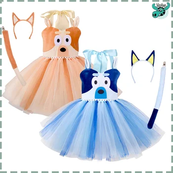 Łoś 80-150cm Anime Bluey Mesh Princess Dress Cute Girl Birthday Party Dress Cosplay Suit Stage Performance Bingo Dog Girl Gift