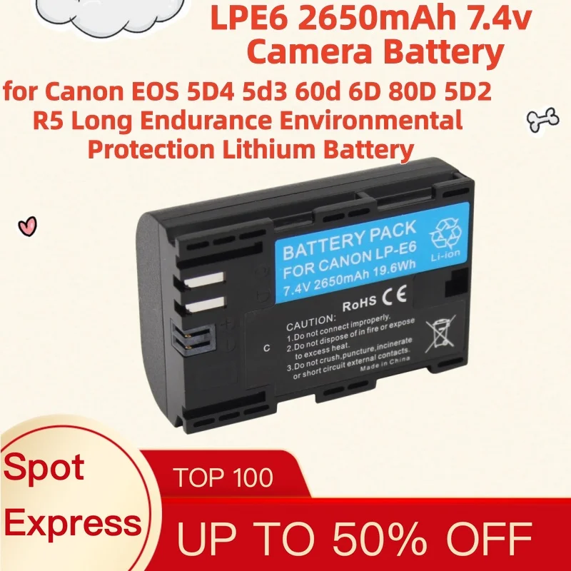 LPE6 2650mAh 7.4v Camera Battery for Canon EOS 5D4 5d3 60d 6D 80D 5D2 R5 Long Endurance Environmental Protection Lithium Battery
